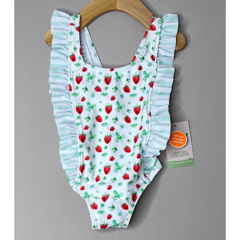 NWT THE OAKS APPAREL Strawberry Print Ruffled One-Piece Swimsuit Girls 2 Yrs